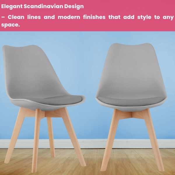 Set 2 Scaune Mercaton Grosseto, Stil Scandinav cu Picioare din Lemn, Sezut din PP si Perna din Piele Ecologica, Maxim 120 Kg, 49 x 45 x 82 cm, Gri Deschis - imagine 2