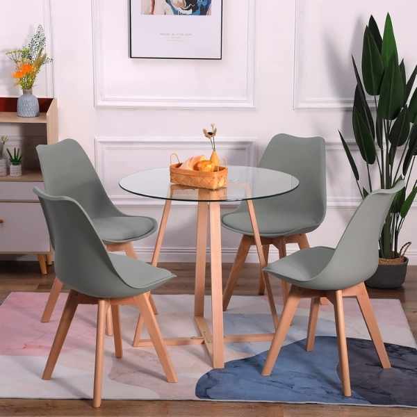 Set 4 Scaune Mercaton Grosseto, Stil Scandinav cu Picioare din Lemn, Sezut din PP si Perna din Piele Ecologica, Maxim 120 Kg, 49 x 45 x 82 cm, Gri Deschis - imagine 8